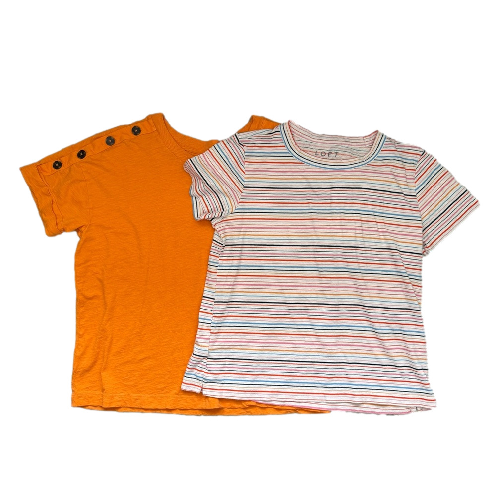 Loft Women's Size Medium Orange Crewneck & White Striped Crewneck T-Shirt Bundle